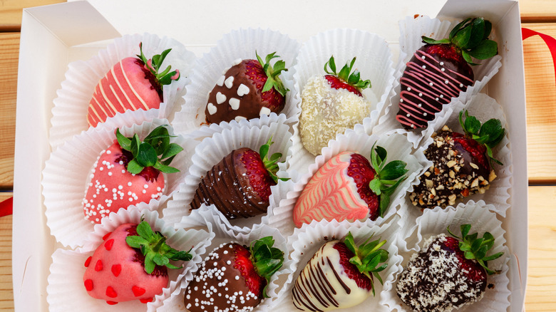 Chocolate-covered strawberries in a box