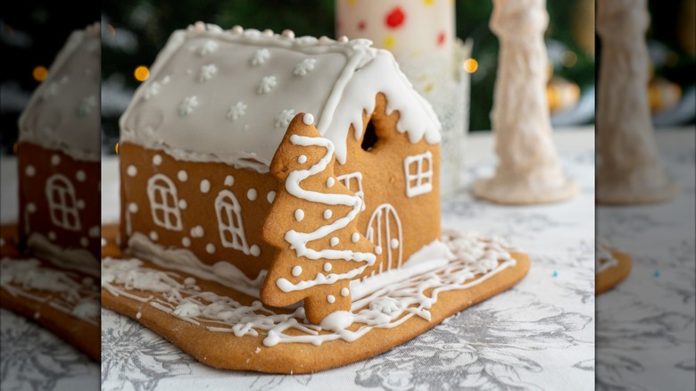 A gingerbread house with icing at the base