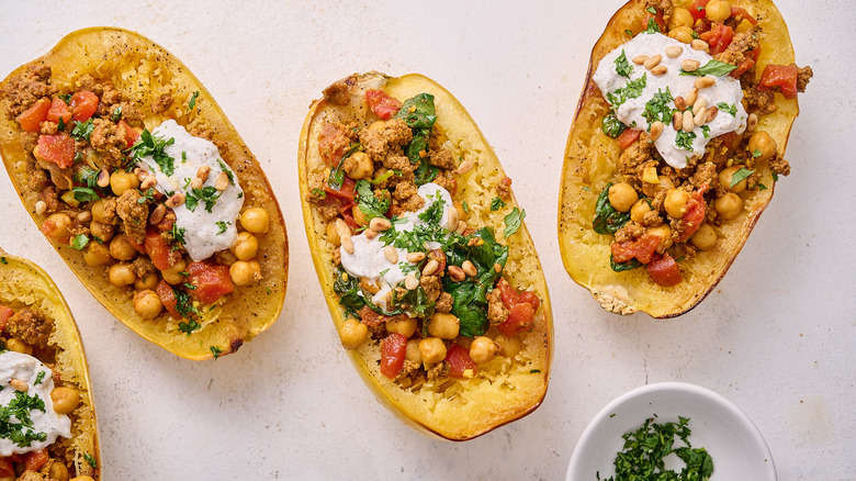 stuffed spaghetti squash on table