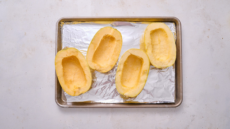 spaghetti squash on sheet tray