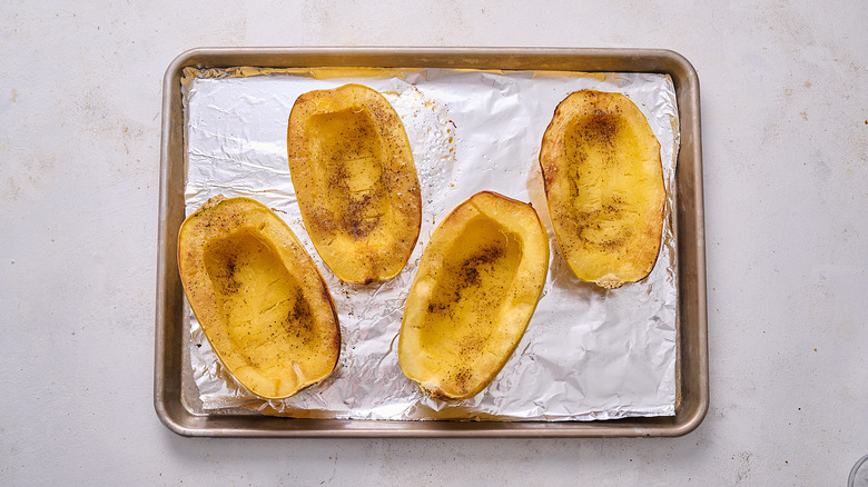 Baked spaghetti squash on sheet tray