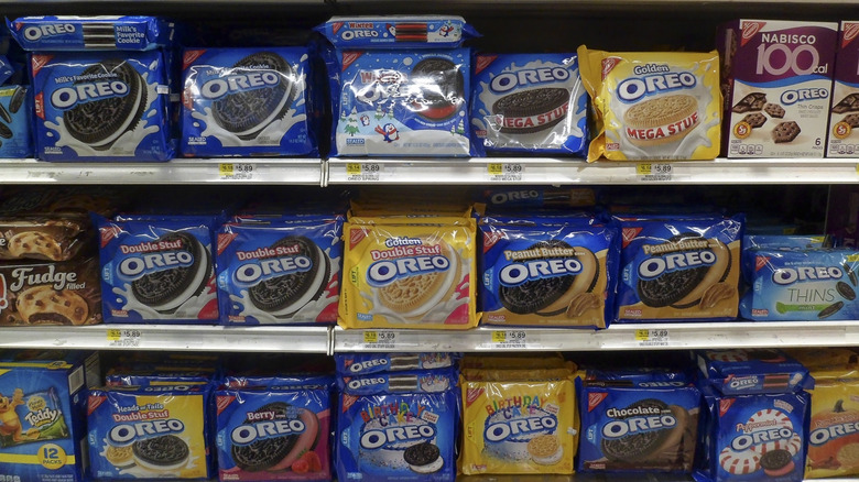 Many Oreo packages on grocery store shelves