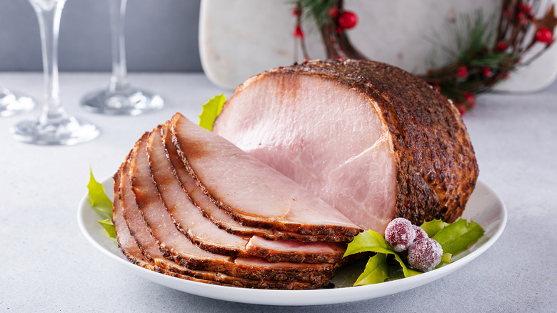 Spiral cut boneless ham with honey glaze.