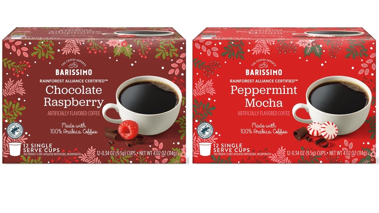 Boxes of Chocolate Raspberry and Peppermint Mocha coffee pods