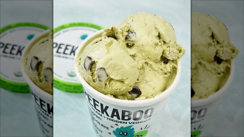 A heaping pint of mint chip Peekaboo Ice Cream with closed container