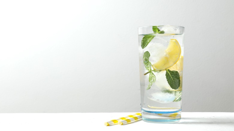 class of water with ice, lemon, and mint