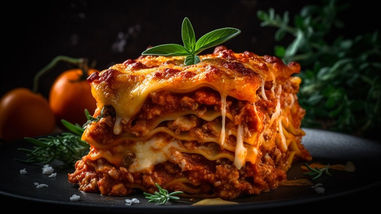 Lasagna with dripping cheese on black plate