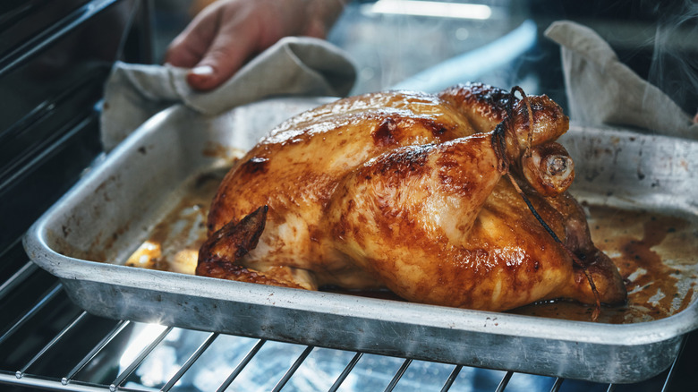 Roasted chicken being placed in oven