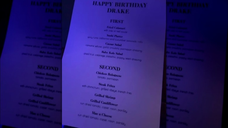 Drake's party menu with mac and cheese with raisins