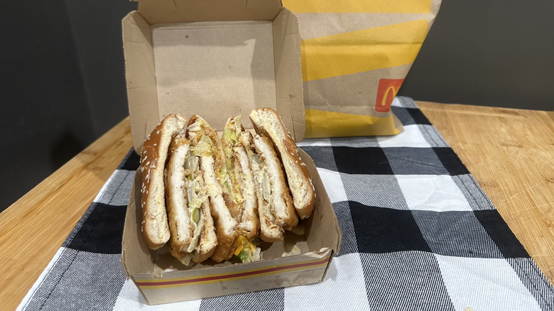 A Chicken Big Mac cut in half