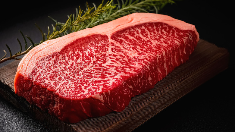 slice of raw wagyu beef with marbling