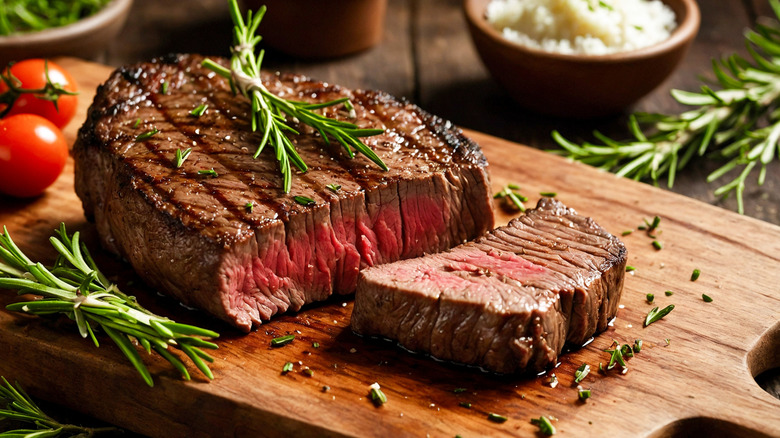 grilled cut steak on a cutting board