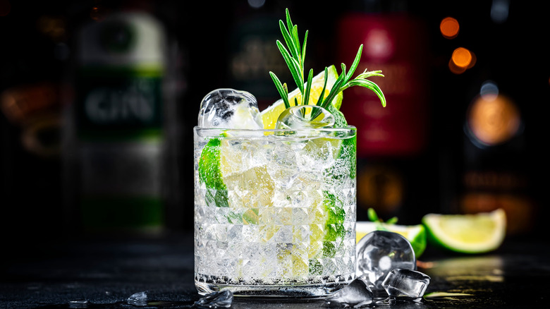 Gin and tonic in a glass with limes and fresh rosemary