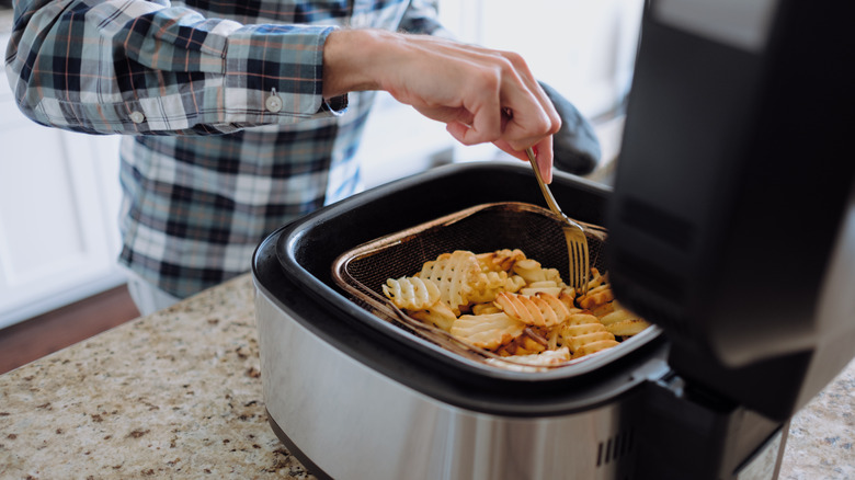 Person making fries in air fryer