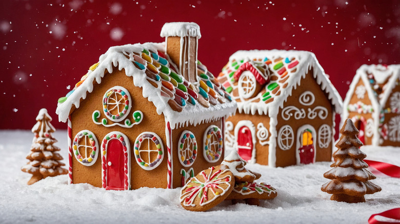 Three decorated gingerbread houses on edible snow base with red background.