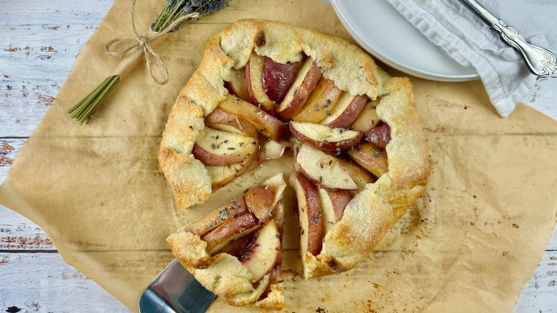 peach lavender galette with slice