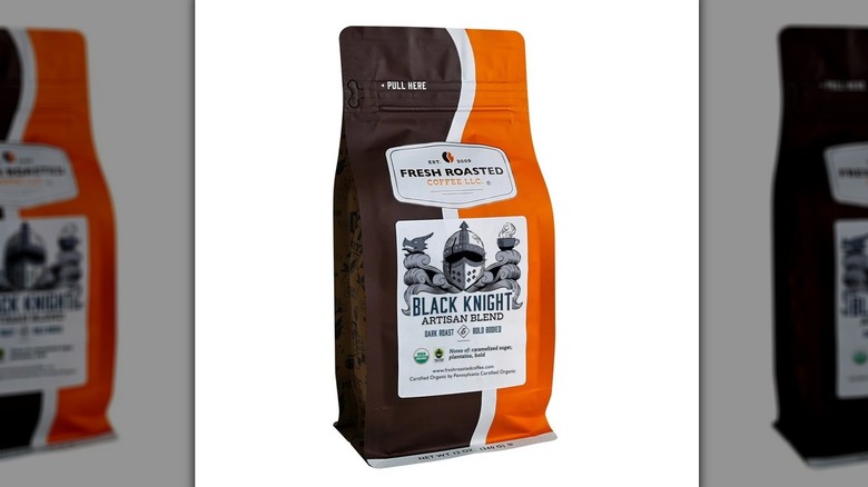 A front view of a packet of Fresh Roasted Coffee LLC's Organic Black Knight