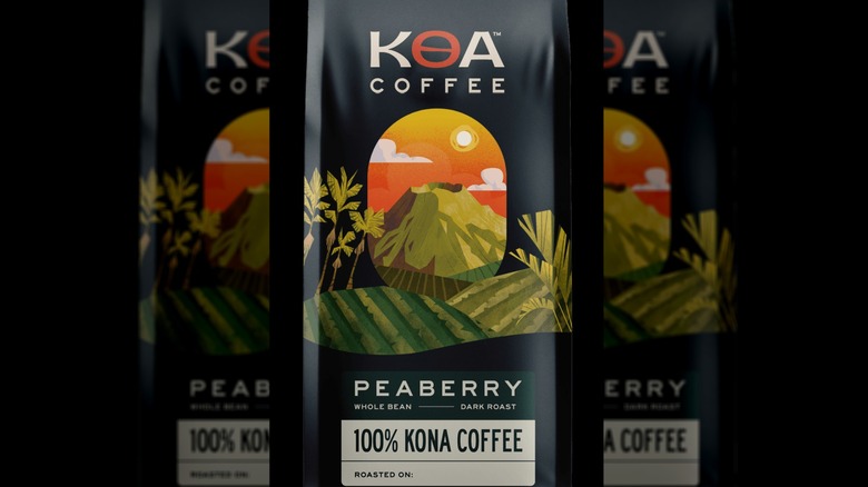 A front-view of a packet of Koa Coffee's Peaberry dark roast