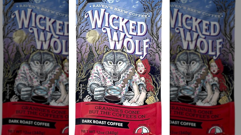 A close up of the packaging for Raven's Brew Coffee Wicked Wolf dark roast