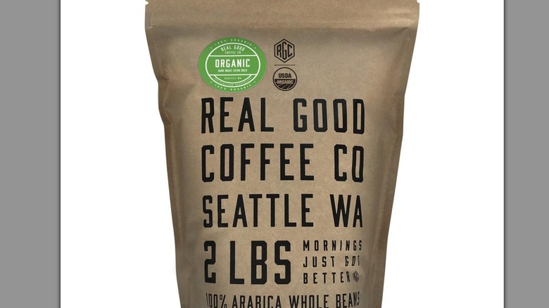 a close-up of a packet of Real Good Coffee's Organic dark roast