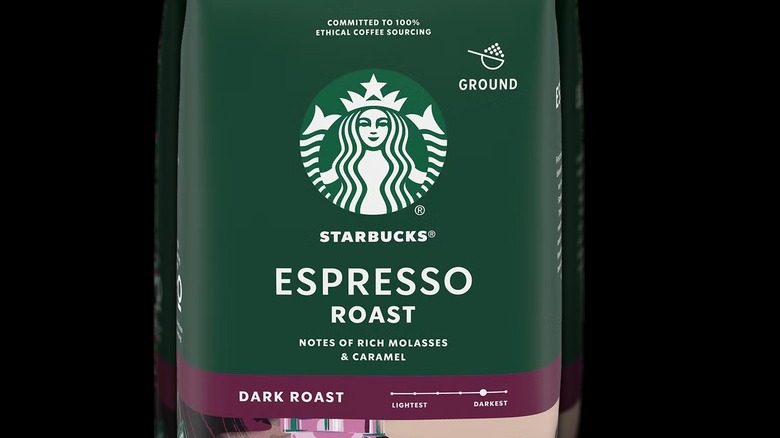 a close-up of a packet of Starbucks' Espresso Roast coffee