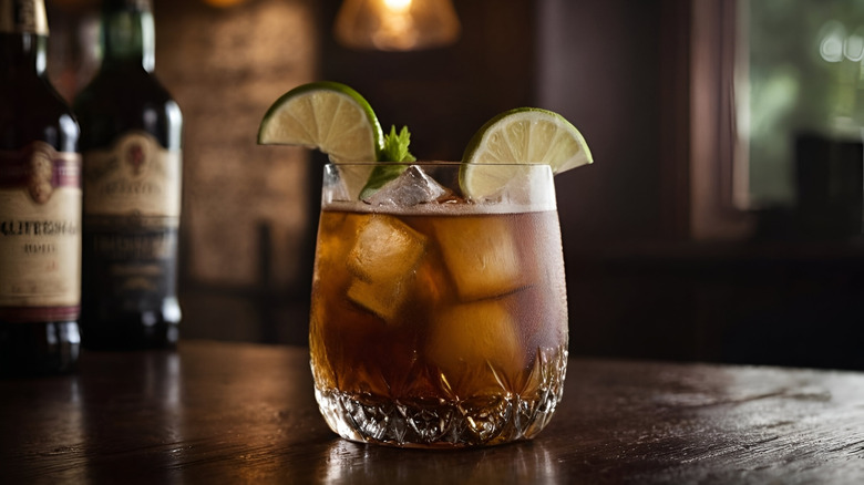 A dark 'n stormy cocktail served with lime wedges.