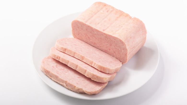 sliced Spam on plate