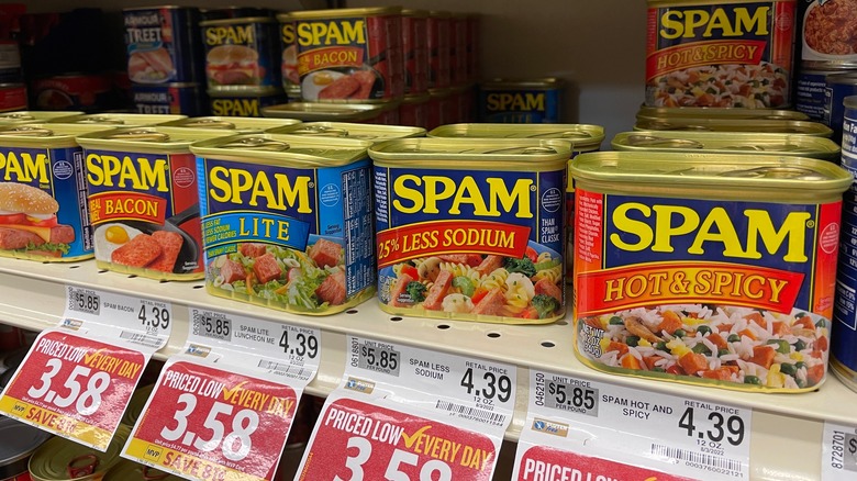 Spam cans on grocery shelf