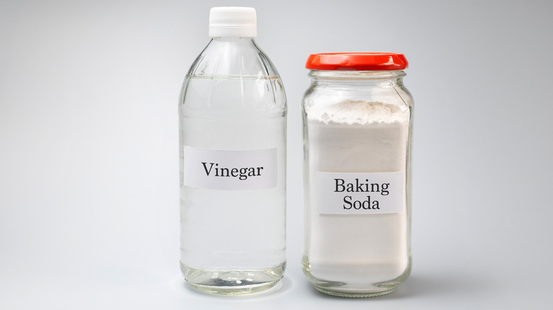 A bottle of vinegar with baking soda