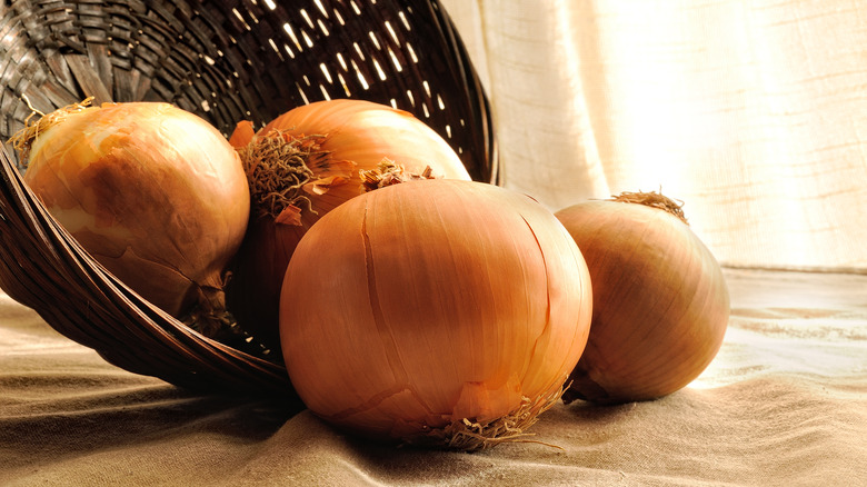 Onions with wicker basket