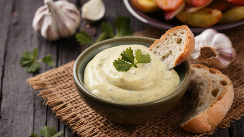 Aioli in bowl with bread and garlic bulbs.