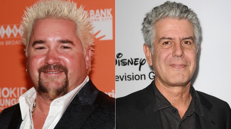 Guy Fieri  and Anothony Bourdain smiling in separate photos