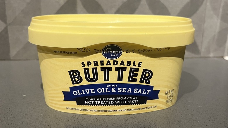 A tub of Kroger butter