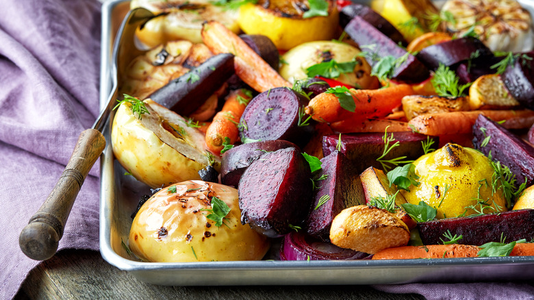 roasted vegetables on baking sheet