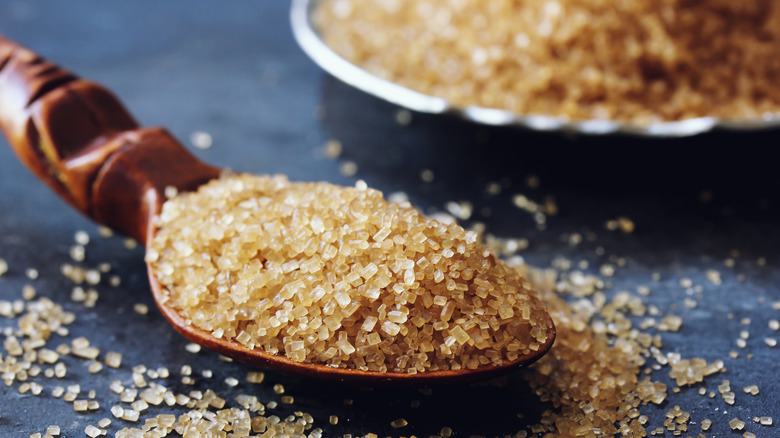 Close up turbinado sugar in spoon