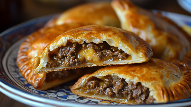 Golden and flakey empanada filled with ground beef and cheese.