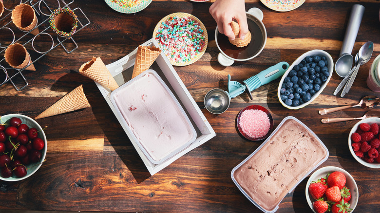 Ice cream cones and toppings