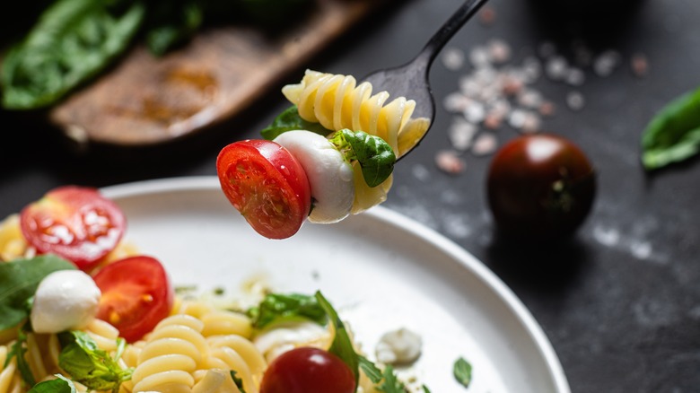 Fork with caprese pasta salad 