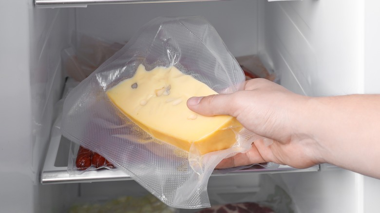 Person holding vacuum-sealed cheese near fridge 