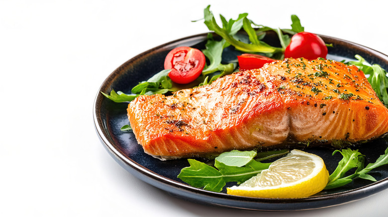 Salmon filet and veggies on dark plate, white background