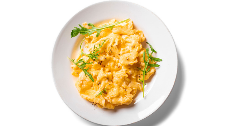 Scrambled eggs on white plate with white background.