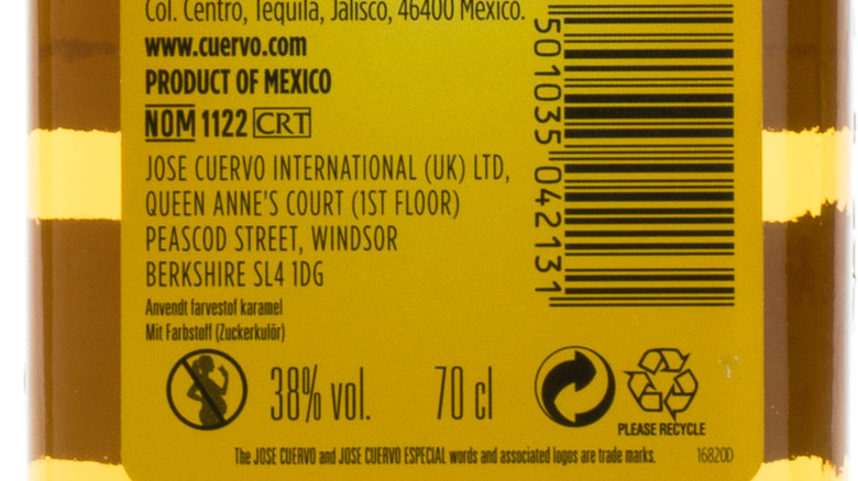 Close up tequila label with NOM 