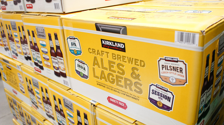 Stacked boxes of Kirkland Signature beer ales and lagers pack.