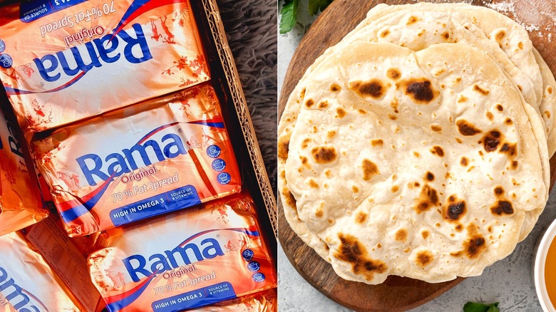 Rama margarine and a stack of soft rotis
