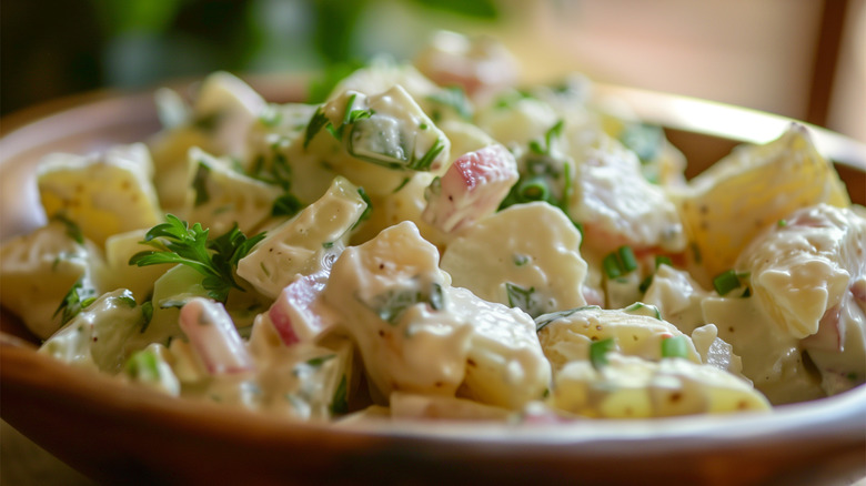 Potato salad in bowl closeup.