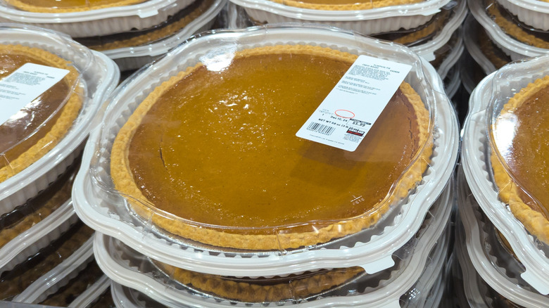 Kirkland Signature Pumpkin Pies on display at a Costco warehouse.