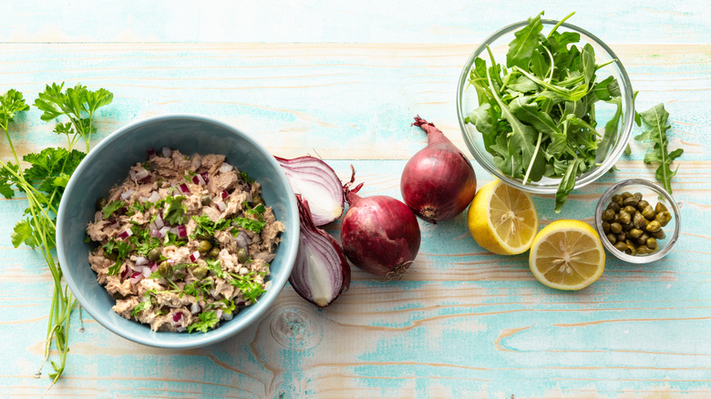 tuna salad ingredients on table