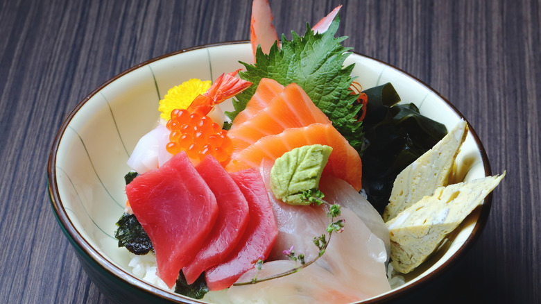 Colorful sashimi including salmon and tuna