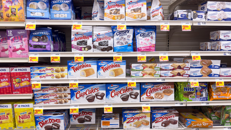 Shopping aisle dedicated to Hostess snacks at a grocery store