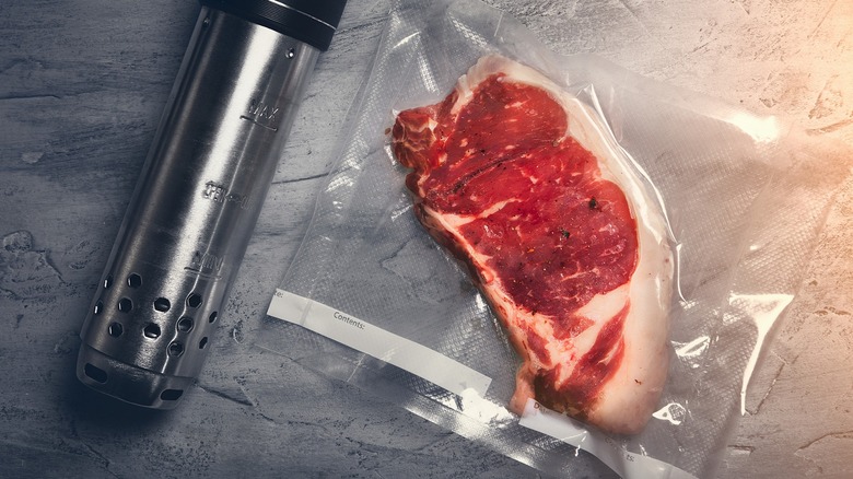 Vacuum sealed steak and immersion circulator on textured background